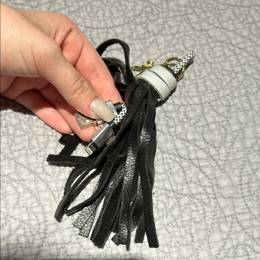 Black Leather Tassel Phone Charger Keychain